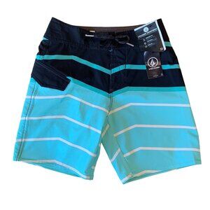 VOLCOM Striped Board Shorts Boys 10 Slim 23 NEW Swim Trunks NWT Blue Mod-Tech